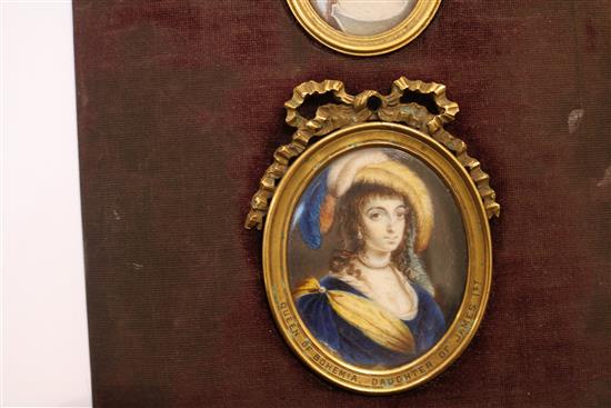 19th century Continental School Miniatures of Elizabeth, Queen of Bohemia (1596-1662) and a girl, largest